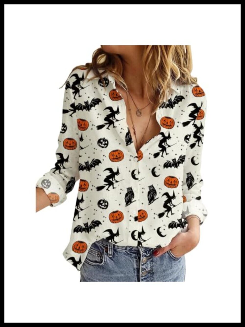 VILOVE Halloween Button Down Shirt Women Polyester Spandex Party Tee